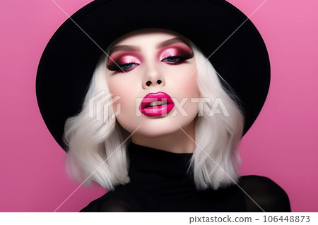 Beautiful woman with vivid makeup. Fashion model. Pink color palette 106448873