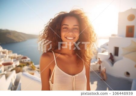 Beautiful young mulatto woman with curly hair in summer vacation walk on greek island Santorini Beautiful young mulatto woman with curly hair in summer vacation walk on greek island Santorini 106448939