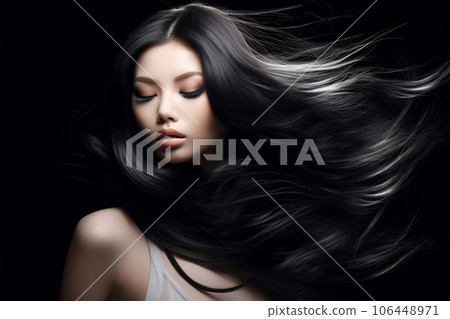 Beautiful Asian model girl with shiny black and straight long hair. Keratin straightening. Treatment, care and spa procedures for haired Beautiful Asian model girl with shiny black and straight long hair. Keratin straightening. Treatment, care and spa procedures for haired 106448971