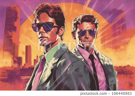 Two men standing in front and buildings on the background. Blockbuster poster 80s. Movie poster concept 106448983