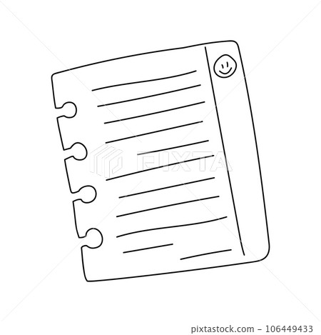Hand drawn torn piece of paper with lines and a smiling face. Simple outline notebook sheet. Black and white doodle vector illustration isolated on a white background. 106449433