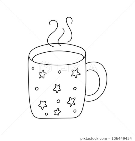 Hand drawn outline cup of tea. Doodle mug with stars. Simple decorative element with hot drink, morning coffee. Black and white vector illustration isolated on a white background. Hand drawn outline cup of tea. Doodle mug with stars. Simple decorative element with hot drink, morning coffee. Black and white vector illustration isolated on a white background. 106449434