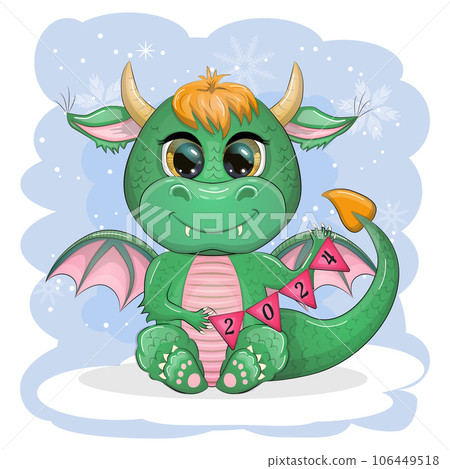 Cute cartoon green dragon in santa hat. 2024 new year, chinese calendar 106449518