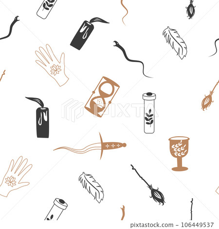 Magic and heaven seamless pattern, with magical elements such as snake, eye. Symbols and elements of the witchcraft theme. 106449537