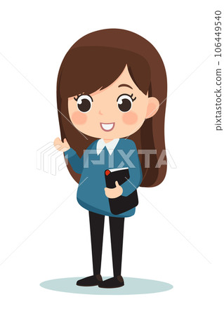 Cute smiling young girl holding a folder or a book and waving her hand. Cartoon illustration of a teenage female student going to school 106449540