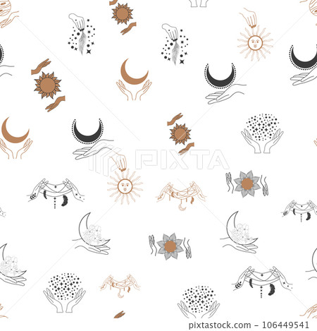Magic and heaven seamless pattern, with magical elements such as snake, eye. Symbols and elements of the witchcraft theme. Magic and heaven seamless pattern, with magical elements such as snake, eye. Symbols and elements of the witchcraft theme. 106449541