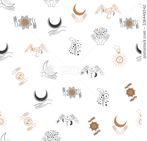 Magic and heaven seamless pattern, with magical elements such as snake, eye. Symbols and elements of the witchcraft theme. Magic and heaven seamless pattern, with magical elements such as snake, eye. Symbols and elements of the witchcraft theme. 106449542