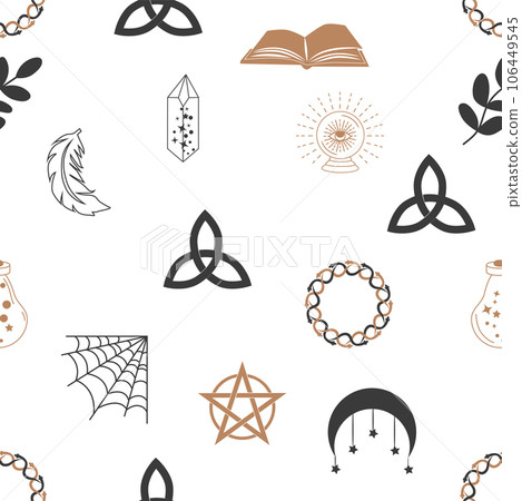 Magic and heaven seamless pattern, with magical elements such as snake, eye. Symbols and elements of the witchcraft theme. Magic and heaven seamless pattern, with magical elements such as snake, eye. Symbols and elements of the witchcraft theme. 106449545