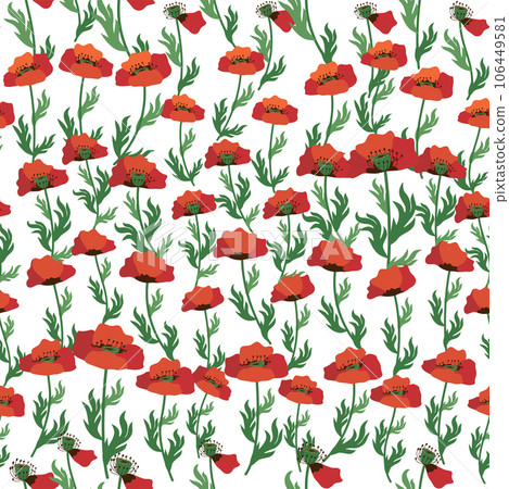 Summer seamless pattern with bright red poppy flowers and poppy pods. Field, meadow of poppies 106449581