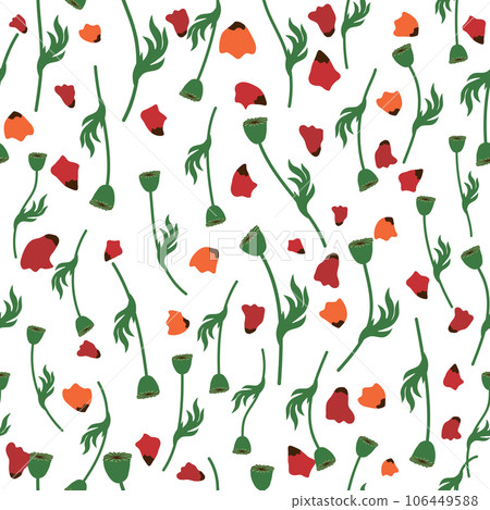 Summer seamless pattern with bright red poppy flowers and poppy pods. Field, meadow of poppies Summer seamless pattern with bright red poppy flowers and poppy pods. Field, meadow of poppies 106449588