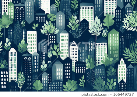 Hand-drawn city (green and blue city) 106449727