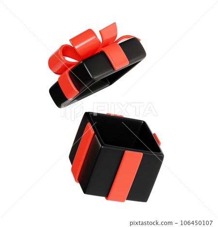 Open black gift box with glossy red ribbon and bow 3d render illustration. Empty present package for black friday sale or bonus concept. Surprise pack - advertising or discount promo design element. 106450107