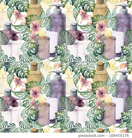 Hand drawn watercolor spa skincare bath beauty bottle and candles products package. Seamless pattern isolated on white background. For wall art, wellness resort, print, fabric, cover, card, booklet. Hand drawn watercolor spa skincare bath beauty bottle and candles products package. Seamless pattern isolated on white background. For wall art, wellness resort, print, fabric, cover, card, booklet. 106450176