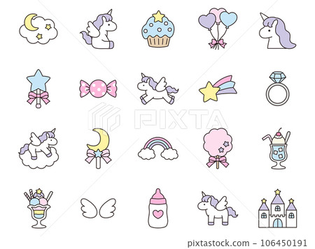 Girly icon set of cute unicorns, castles, stars, moon, etc. 106450191