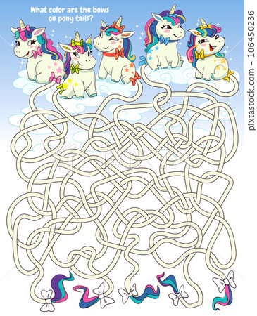 Cute ponies sit on clouds. Children logic game to pass maze 106450236