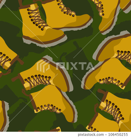 Vector seamless pattern with travel yellow boots on dark green background. Vector seamless pattern with travel yellow boots on dark green background. 106450255