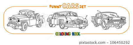Funny small retro cars with eyes coloring book set Funny small retro cars with eyes coloring book set 106450292