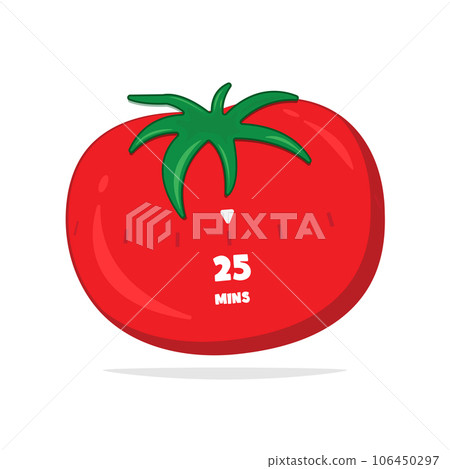 pomodoro technique, Kitchen clock in red tomato. Increase work productivity. 25mins work 5mins rest. Vector illustration cartoon flat style. pomodoro technique, Kitchen clock in red tomato. Increase work productivity. 25mins work 5mins rest. Vector illustration cartoon flat style. 106450297