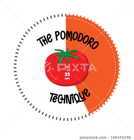 pomodoro technique, Kitchen clock in  red tomato. Increase work productivity. 25mins work 5mins rest. Vector illustration cartoon flat style.   106450298