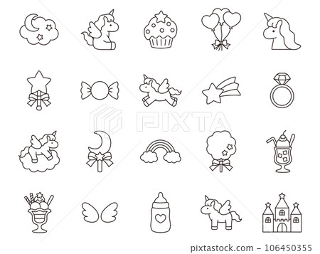 Line drawing icon set of cute unicorns, castles, stars, moon, etc. Line drawing icon set of cute unicorns, castles, stars, moon, etc. 106450355