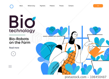 Bio Technology, Robot on farm -modern flat vector concept illustration of bio-robot engaged in agricultural activities. Metaphor of robotics and biotechnology integration, efficiency, sustainability 106450487