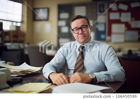 a 1965 man wearing glasses sits at a desk in an office, restored historical photo, generative ai 106450599