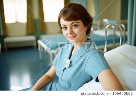a woman in a hospital gown sitting on a bed, 1962 restored historical photo, generative ai 106450602