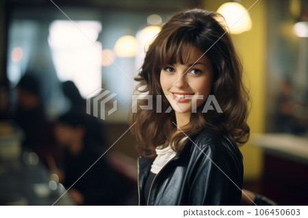 a 1960s woman in a leather jacket posing for the camera, restored historical photo, generative ai 106450603