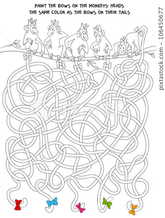 Children logic game to pass maze. Funny monkeys with long tails sitting on a tree branch 106450677