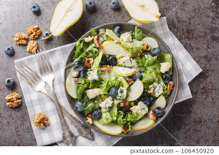 Fresh diet salad with blueberries, lettuce, gorgonzola cheese, walnuts and pear close-up in a plate on the table. horizontal top view Fresh diet salad with blueberries, lettuce, gorgonzola cheese, walnuts and pear close-up in a plate on the table. horizontal top view 106450920
