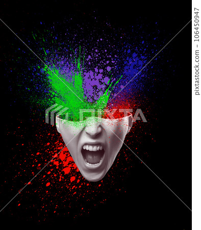 Fury. Frustrated and angry woman screaming. Modern art collage, design. Fury. Frustrated and angry woman screaming. Modern art collage, design. 106450947