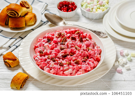 cranberry creamy salad with marshmallows, top view 106451103