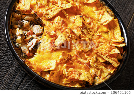 Frito chicken casserole in baking dish, top view 106451105