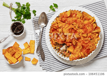 Frito chicken casserole in baking dish, top view 106451106