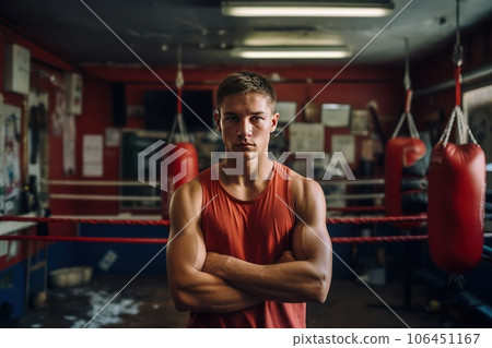 Portrait of a young boxer in the gym. He looking at camera after a workout. 106451167