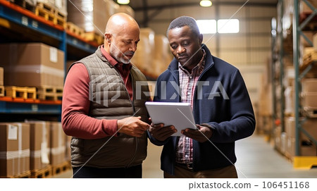 Two middle-aged men stand in a warehouse with papers and discuss statements for the availability of goods. 106451168