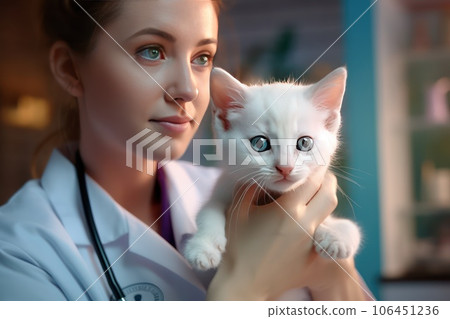 Caucasian veterinary doctor checks the health of a little kitten. Caucasian veterinary doctor checks the health of a little kitten. 106451236