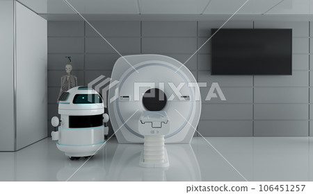 Mock up MRI machine in medical room with robotic control concept Mock up MRI machine in medical room with robotic control concept 106451257
