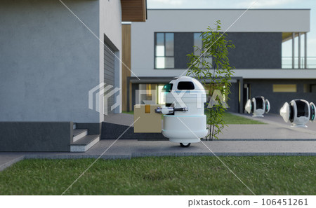 A delivery robot carries a box in front of the house waiting for the home owner to come pick it up A delivery robot carries a box in front of the house waiting for the home owner to come pick it up 106451261