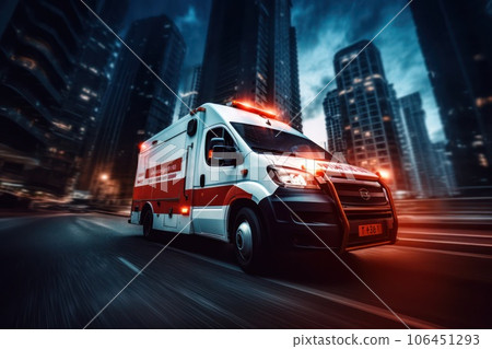 Emergency ambulance car moving fast on night american city downtown district. Emergency ambulance car moving fast on night american city downtown district. 106451293