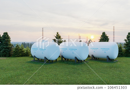 Hydrogen fuel storage tank on green meadows field Hydrogen fuel storage tank on green meadows field 106451303