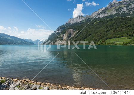 Panoramic view of Lake Walensee (Lake Walen), Walenstadt, Canton St. Gallen, Switzerland 106451444