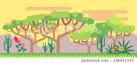 Exotic summer landscape with cactus and tropical trees. Flat background Exotic summer landscape with cactus and tropical trees. Flat background 106451543