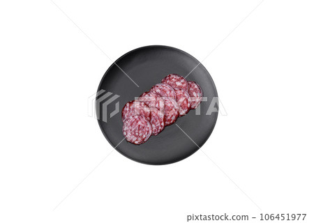 Delicious smoked sausage with bacon, salt, spices and herbs 106451977