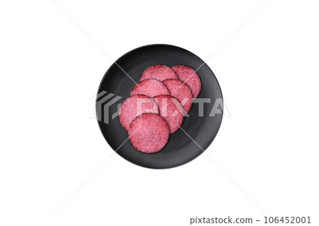 Delicious smoked salami sausage with salt, pepper, spices and herbs Delicious smoked salami sausage with salt, pepper, spices and herbs 106452001