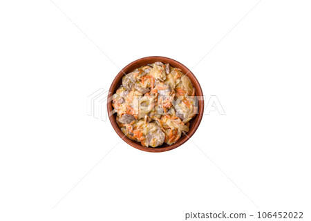 Delicious boiled beef or pork tongue sliced with carrots, onions, sour cream and spices 106452022