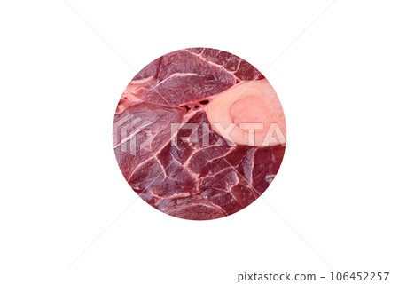 Fresh raw beef steak with bone or ossobuco with salt, spices and herbs Fresh raw beef steak with bone or ossobuco with salt, spices and herbs 106452257