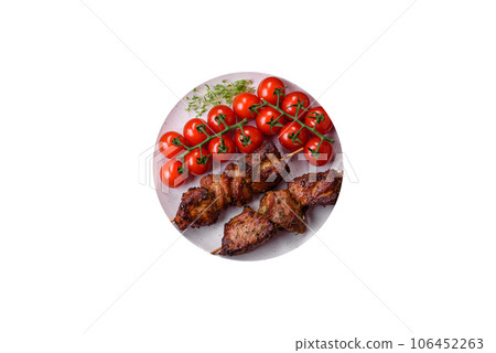 Delicious grilled chicken, turkey or pork skewers with salt, spices and herbs 106452263