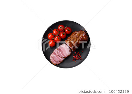 Delicious smoked bacon with salt, spices and herbs 106452329
