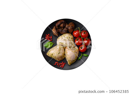 Delicious juicy grilled chicken with salt, spices and herbs with vegetables 106452385